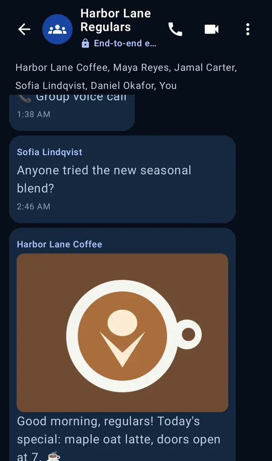 Un chat de comunidad con una foto de Harbor Lane Coffee
