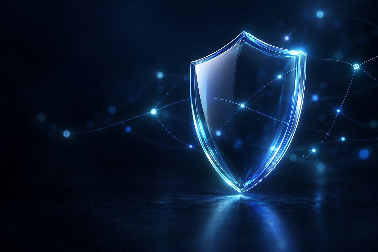 A luminous blue glass shield surrounded by points of light